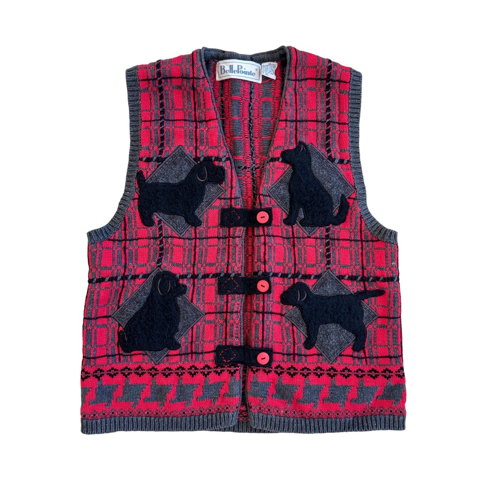 VTG! Belle Pointe Dog Sweater‎ Vest Plaid Knit Novelty Button Front M Quirky